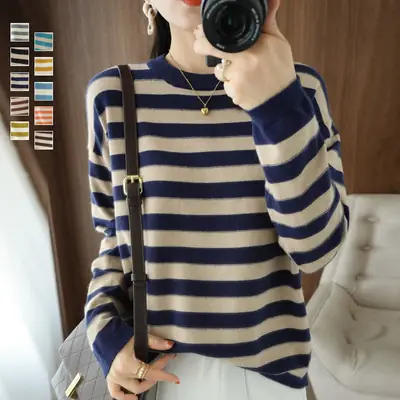 Women's Black White Striped Knitted Sweater Large