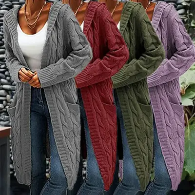 Women's Blue Braided Cardigan Sweater Mid-Length Winter Wear