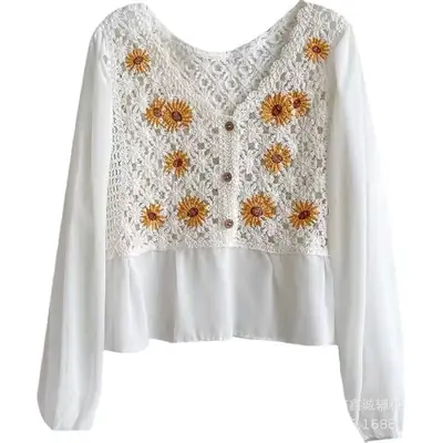 New French Style Embroidered White Shirt with Puff Sleeves