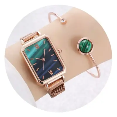 Ladies Quartz Watch Set Rose Gold Green Dial Cross-Border
