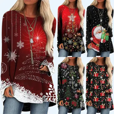 Christmas Printed Pullover T-Shirt Women Maroon Loose Crewneck