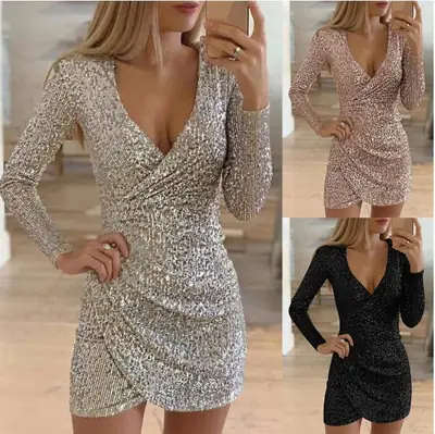 2021 Black Sequin V-Neck Irregular Short Skirt Dress