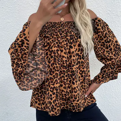 Off-shoulder leopard chiffon pullover women autumn