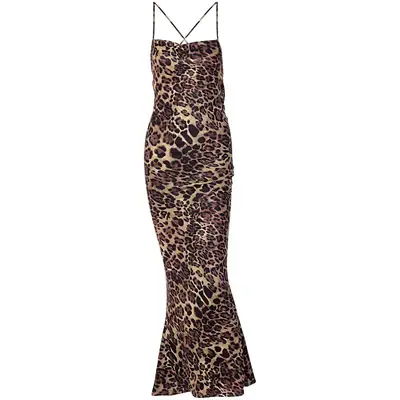 Leopard Print Backless Lace-Up Mid-Length Dress for Women