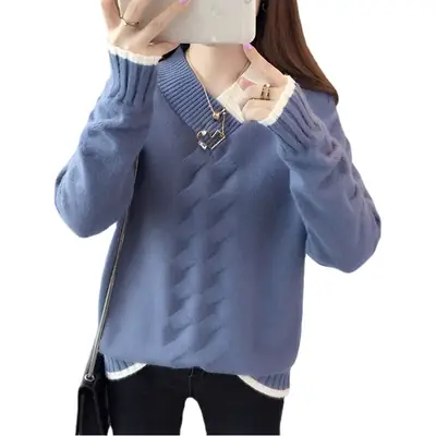 Women Yellow V-Neck Knit Sweater Long Sleeve Export Style