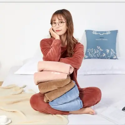 Autumn Winter Fleece Jogger Pants Set Coral Loose Pajama