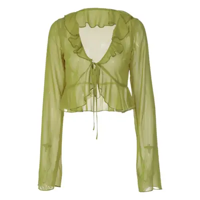 Women Ruffled Lace-Up Top Transparent Long Sleeve Summer Wear
