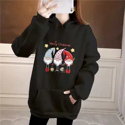 2021 Christmas Three Little People Hoodie Long Sweater Black