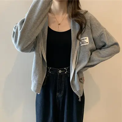 Women Grey Hooded Sweatshirt Jacket Spring Autumn Casual Wear