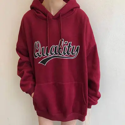Women Fleece Hoodie Maroon New Autumn Winter Loose Printed Literary Style