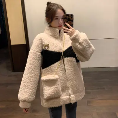 Lamb Plush Zipper Coat Women Black Velvet Lined