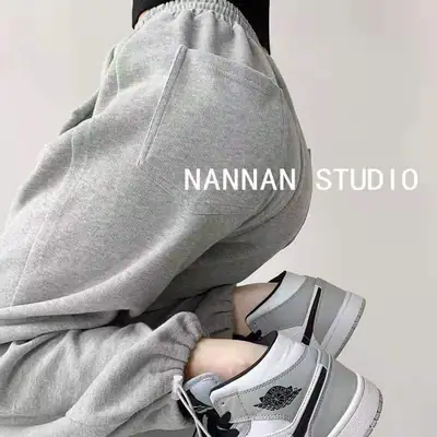 Women Grey Loose Sports Pants Spring Autumn High Waist Straight Fit
