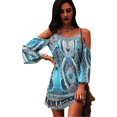 2023 Summer Printed V Neck Cold Shoulder Dress Blue