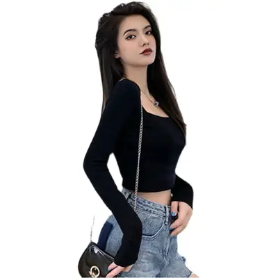 Women Long Sleeve White Top Square Neck Korean Style