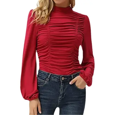 2024 Women Green Ruched High Neck Long Sleeve T-Shirt