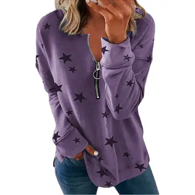 Purple Star Print V-Neck Long Sleeve T-Shirt for Women