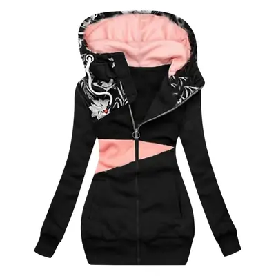 Women's Hooded Zipper Coat Black Pink Print