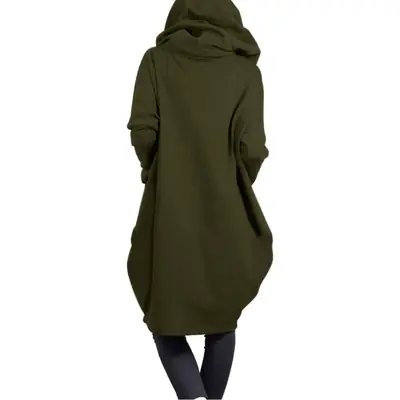 Women Hooded Zipper Coat Olive Green Loose Fit