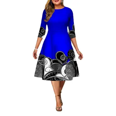 Blue Printed Mid-Sleeve Dress Large Size 2024