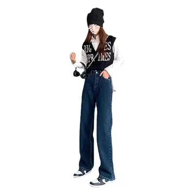 Dark Blue K-Style Loose Jeans Women High Waist
