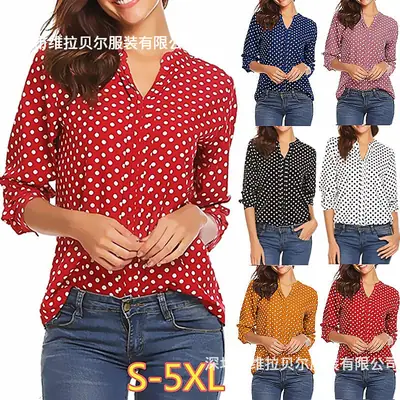 V-Neck Polka Dot Long Sleeve Women Shirt