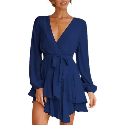 Black High Waist V-Neck Long Sleeve Dress with Cross Strap