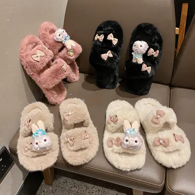 Cute Rabbit Plush Slippers Women Winter Warm Cotton