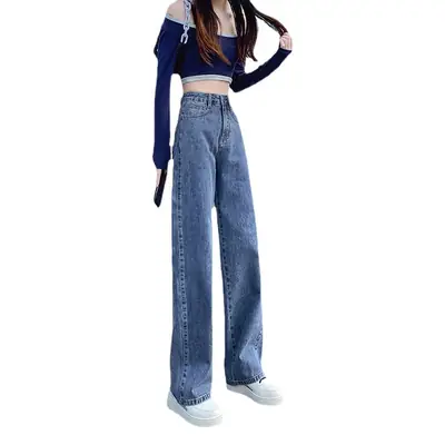 Women High Waist Straight Leg Jeans Light Blue Wide Leg Pants