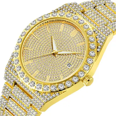 Hip Hop Men Diamond Gold Watch Blue Dial Date Display