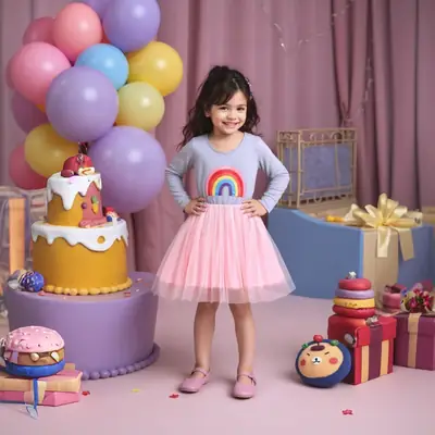 Girls Rainbow Beaded Long Sleeve Dress Mesh