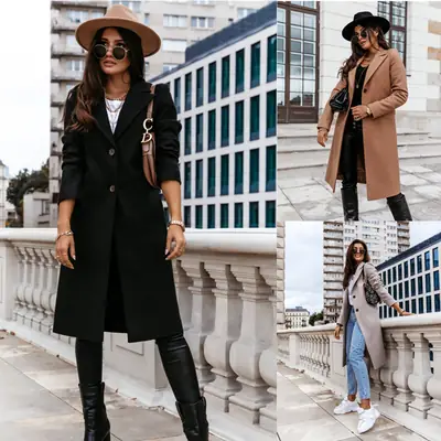 Women's Black Long Sleeve Tweed Coat Suit with Collar