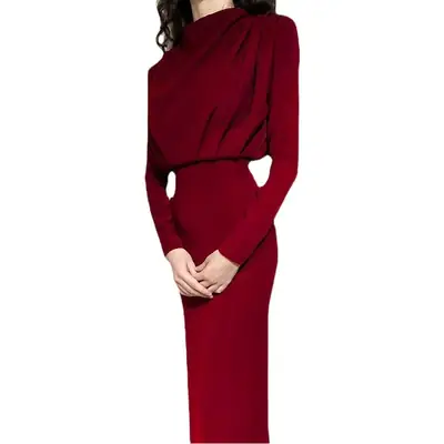 2024 Women's Light Blue Long Sleeve Waist-Cinching Dress