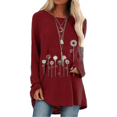 Long Sleeve Floral Print T-Shirt Brown Loose Casual Wear