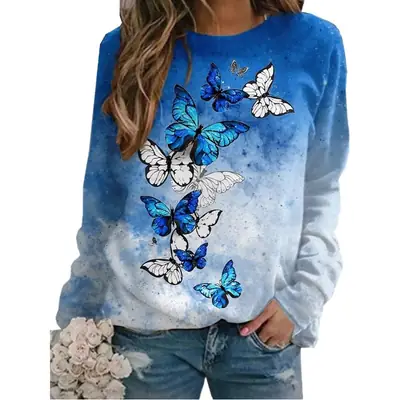 Women's Black White Butterfly Sweatshirt Round Neck Factory Direct 2022