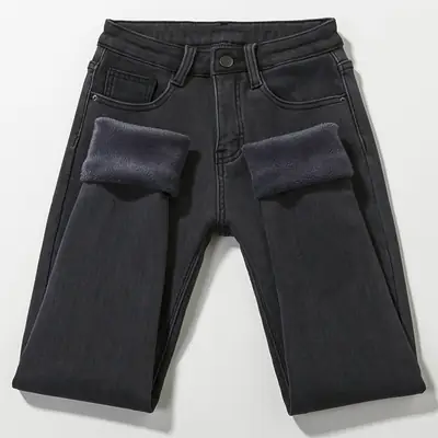 Women's Black Fleece Lined Winter Jeans High Waist Slimming