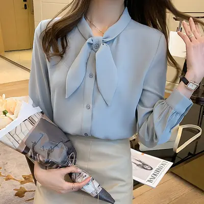 Women Chiffon Bow Tie Shirt Blue Long Sleeve
