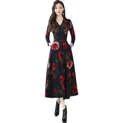 Red Floral V-Neck Long Sleeve Mom Dress with A-Line Skirt
