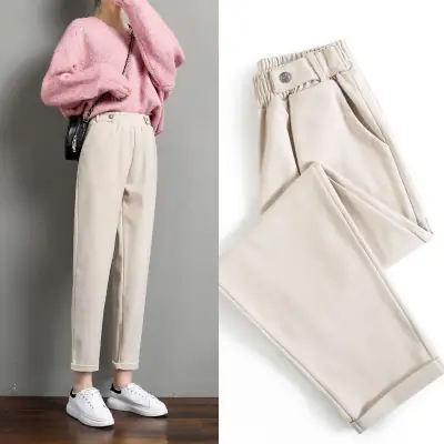 Women Woolen Radish High Waist Harem Pants Cream Loose Slimming