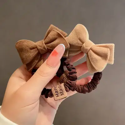 Plush Bow Hair Ring for Women Brown