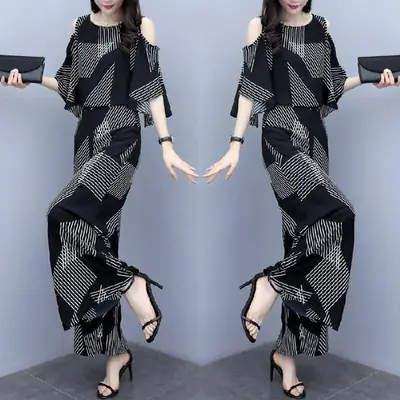 Korean-style 2-piece Women's Black Geometric Loose Pants