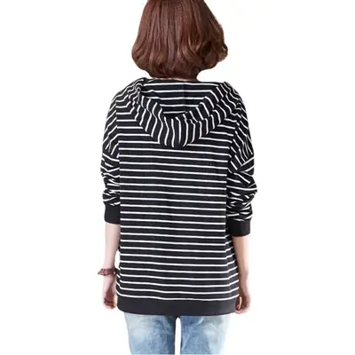 Women Black White Striped Hooded Pullover Sweater