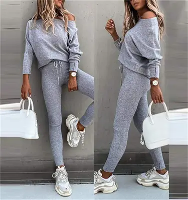 Women's Beige Jersey Jogger Pants with Loose Top & White Sneakers