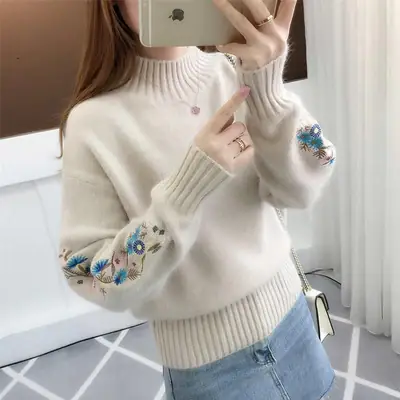 Women Blue Embroidered Knit Pullover with Embroidered Sleeves