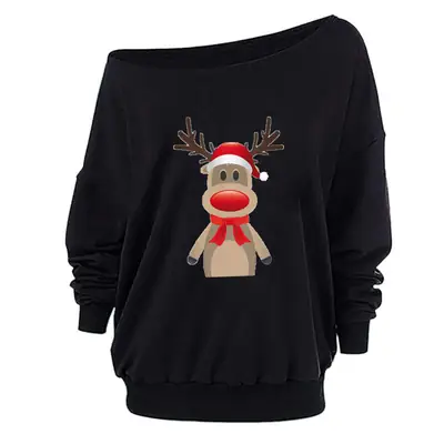 Christmas Deer Decal Sweatshirt Black Long Sleeve