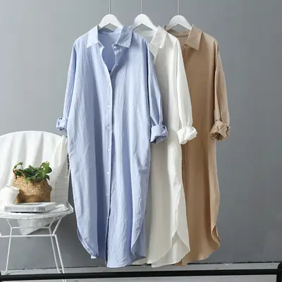 Women Cotton Linen Mid-Length Shirt Sun Protection Loose Fit