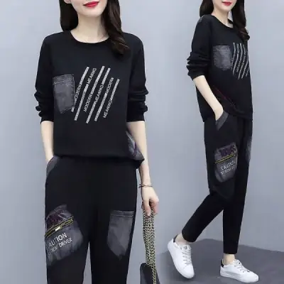 Women Printed Casual Two-Piece Suit Black Large
