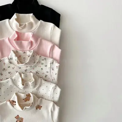 Kids Half High Collar T-Shirt White Floral Baby Western Style