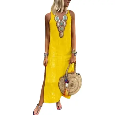 Women Cross-border 2022 Summer V-Neck Long Dress Red Linen