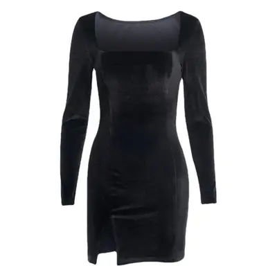 Black Velvet U-Neck Dress with Long Sleeves
