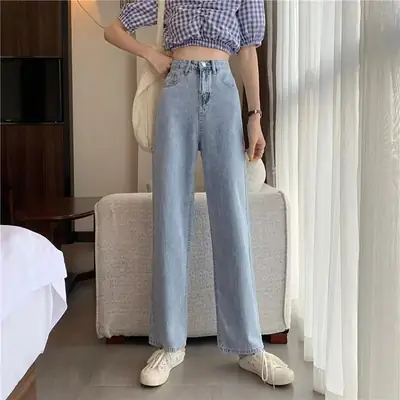 Women Wide Leg Pants High Waist Light Blue Denim